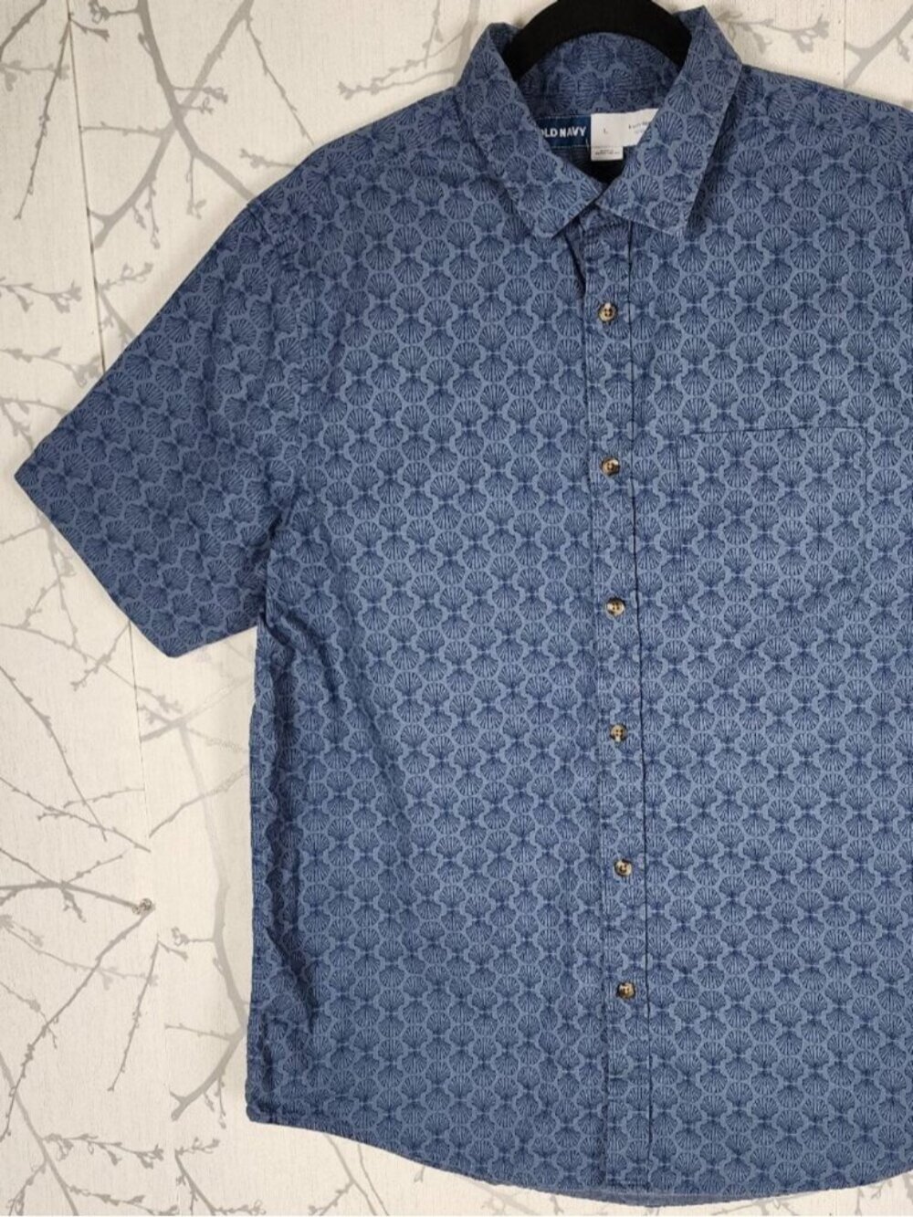 Old Navy Blue Sea Shell Print Cotton Button Front Shirt Camino